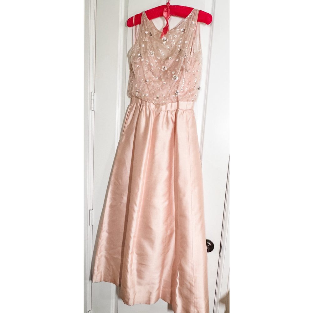 Vintage Malcolm Starr Blush Pink Beaded Satin A-Line Formal Dress 1960s - Picture 3 of 6